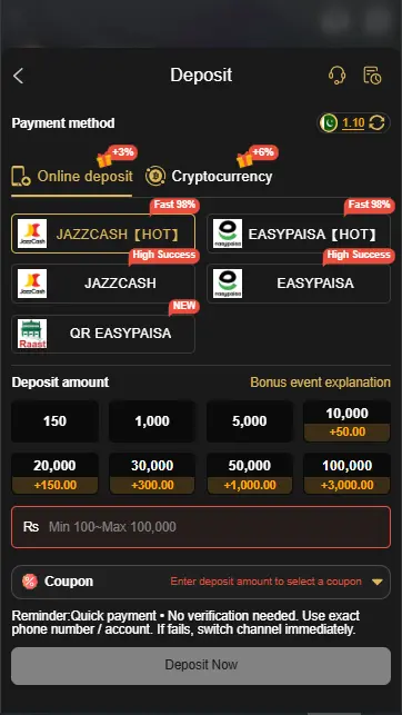 PKR98 Game Deposit Methods